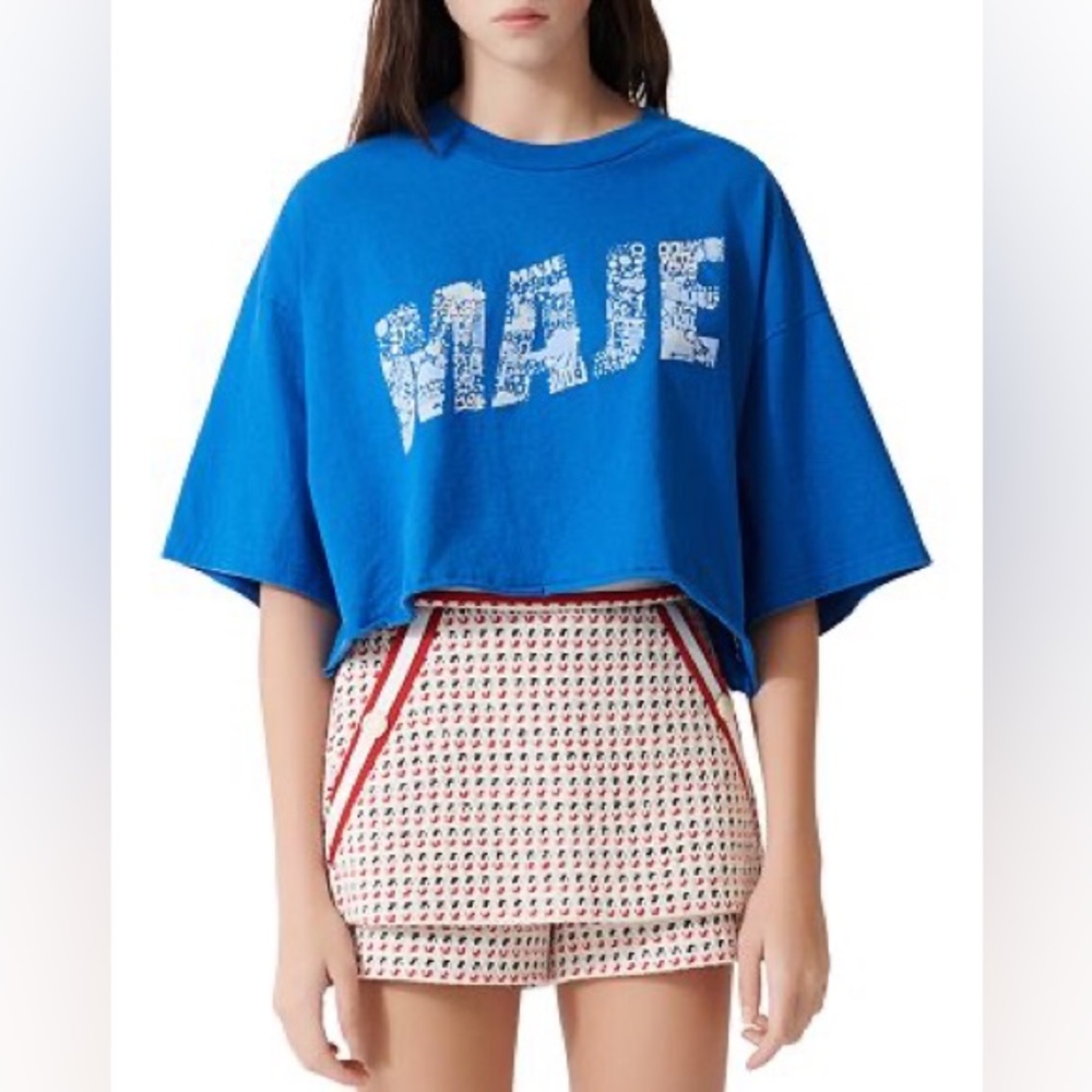 Maje Size Large Tike Oversized Cropped Graphic-Print Tee in Blue